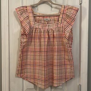 LOFT Pink Gingham Printed Cap Ruffle Sleeve Blouse (Large)